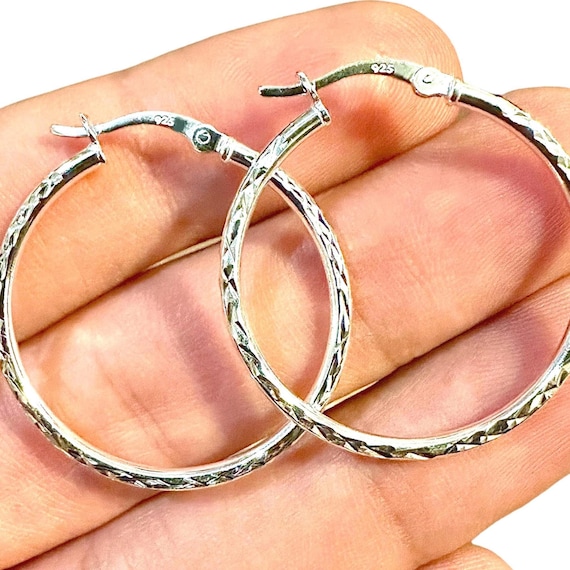 Diamond Cut Sterling Silver Hoop Earrings, 30mm 2mm 925 Silver Hoops