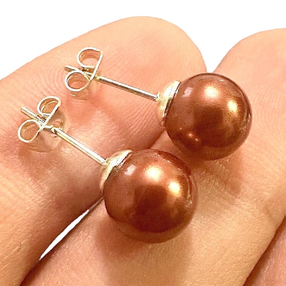 Brown Pearl Stud Earrings 7mm Synthetic Pearl, Silver Plated Chocolate Studs Gift for Her