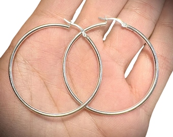 Silver Hoop Earrings, 40mm to 55mm, 2mm 925 Sterling Silver