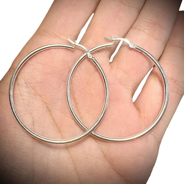 Silver Hoop Earrings, 40mm to 55mm, 2mm 925 Sterling Silver