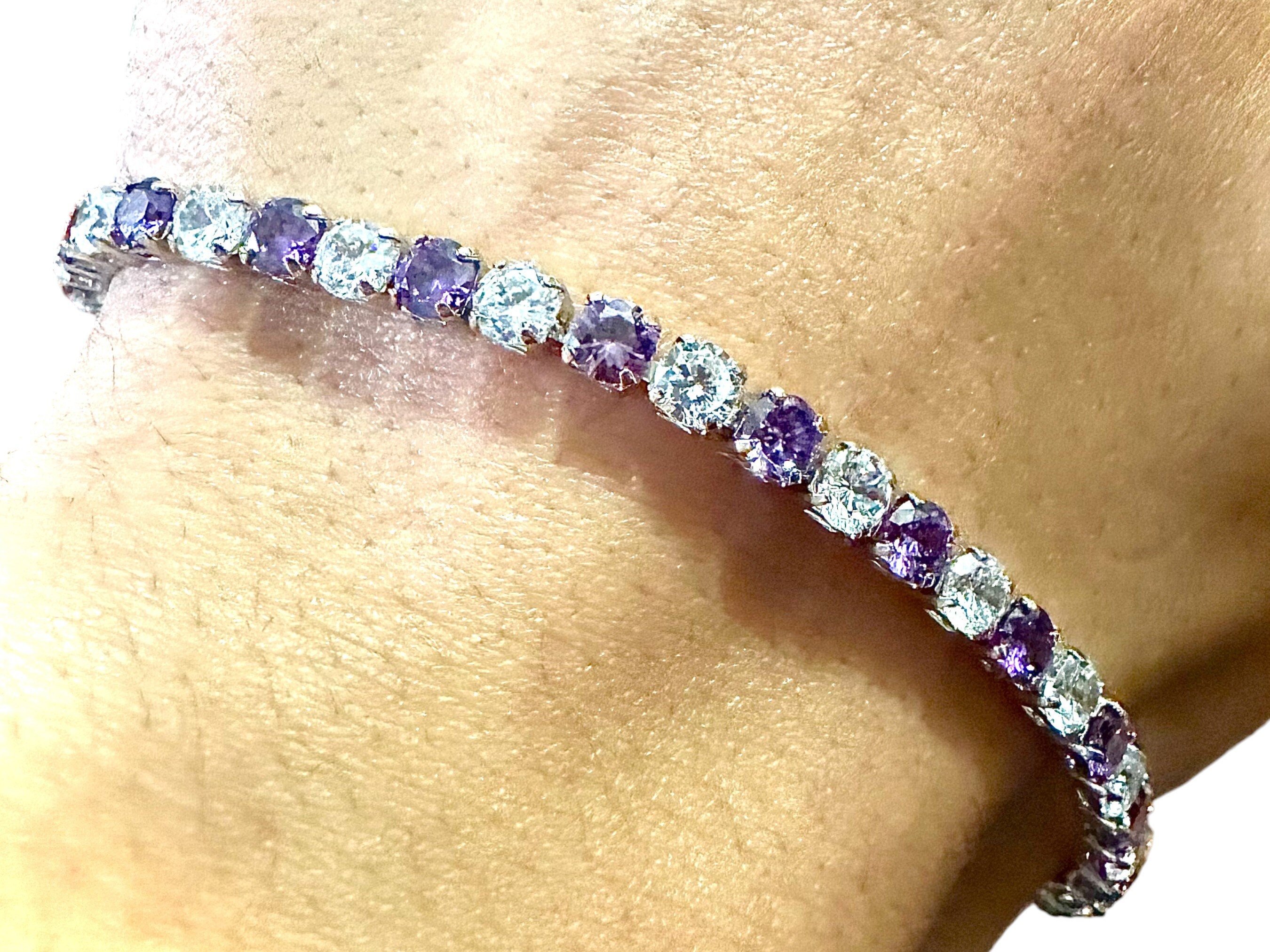 Amethyst Tennis Bracelet for Women 7.5" • 18K White Gold Plated • Purple CZ Birthstone Jewelry • February Gift • Elegant Dainty Bracelet