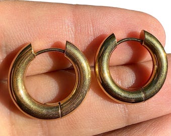 Pendientes de aro dorados de 19 mm, gruesos, de 4 mm de grosor, con bisagra, minimalistas, regalo para ella.