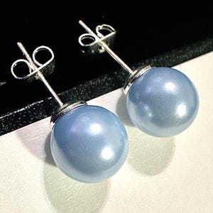 Faux Pearl Stud Earrings, 8mm Light Blue Silver Plated Pearl Style Studs Gift for Her