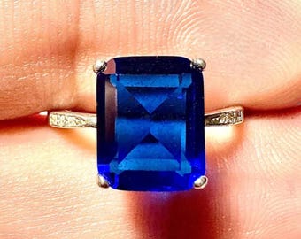 Sapphire CZ Ring, 925 Sterling Silver Emerald Cut Blue CZ Statement Ring Size 6-9 Gift for Her
