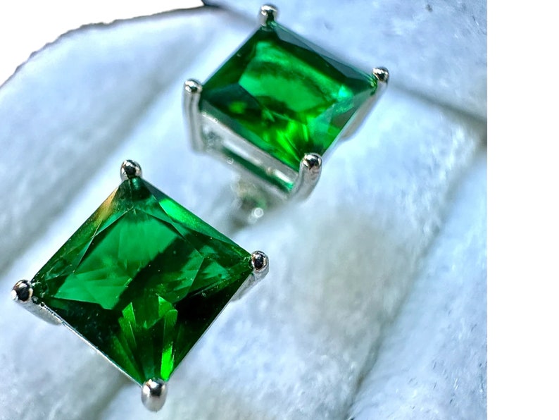 Princess Cut Emerald Earrings 925 Sterling Silver Stud Earrings 6MM Green Emerald Earrings For Women Stud Earrings For Women Emerald Jewelry image 7