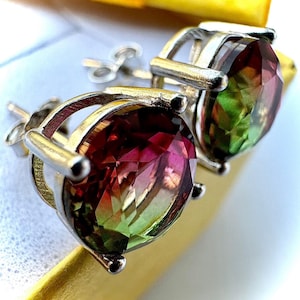 Watermelon CZ Stud Earrings, 6mm 925 Sterling Silver Pink Green Round Earrings Gift for Her