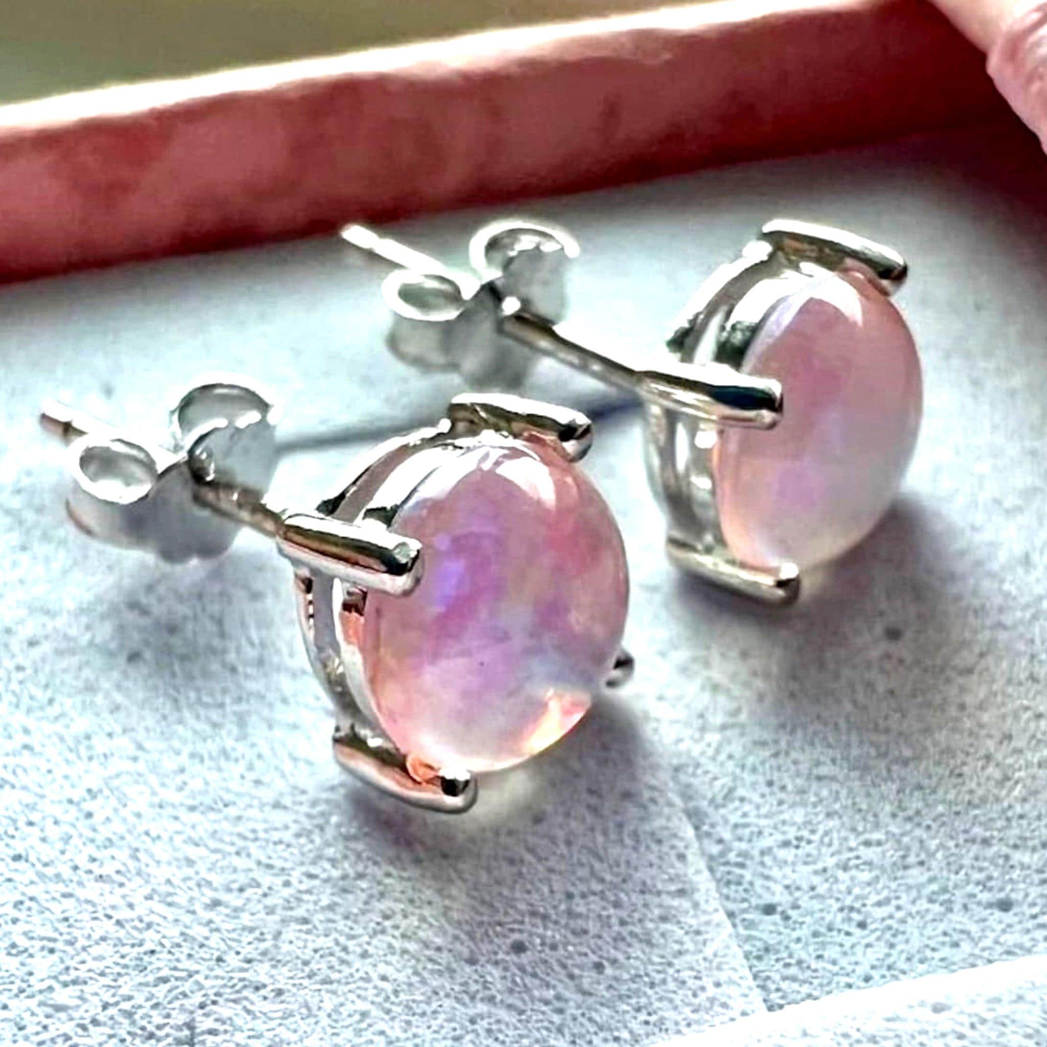 Pink Opal Stud Earrings 6MM – 925 Sterling Silver Earrings for Women – Dainty Pink Gemstone Studs – October Birthstone Gift Jewelry