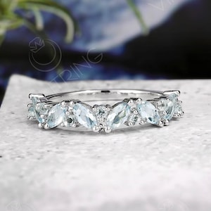 Dainty Marquise Aquamarine Wedding Band,14K White Gold Aquamarine Cluster Ring,Vintage Matching Stacking band,Art Deco Ring,Gift for her