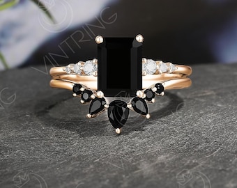 Black Onyx Engagement Ring Set, Emerald Cut Onyx Ring, Dainty Moissanite Ring, Pear Onyx Ring, Curved Onyx Ring, Vintage Ring Rose Gold