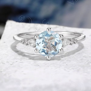 Art Deco Aquamarine Engagement Ring, Round Aquamarine Ring, Delicate Diamond Ring, Pear Moissanite Ring, White Gold Ring, Promise Ring