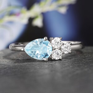Pear Aquamarine Engagement Ring, Cluster Moissanite Ring, Round Diamond Ring, Solid White Gold Ring, Anniversary Ring, Delicate Diamond Ring