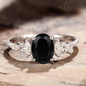Unique Black Onyx Engagement Ring, Oval Black Onyx with Marquise Diamond Ring, Black Gemstone Ring, Anniversary Ring, White Gold Jewelry
