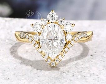 Anillo de compromiso único de moissanita ovalada: anillo de bodas con corona de oro de 14 k para mujer