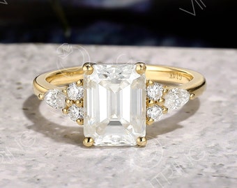 Moissanit Verlobungsring im Smaragdschliff: 14k Gelbgold Art Deco Jubiläumsring