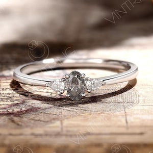 Solid Gold Grey Moissanite Engagement Ring, Dainty Oval Gray Moissanite Ring, Three Stone Ring, Taped Band, Minimalist Ring, Gift for her
