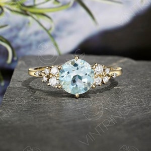 Round Aquamarine Engagement Ring, Aquamarine Flower Ring, Vintage Cluster Ring, Blue Gemstone Ring, Solid Gold Ring, Art Deco Promise Ring