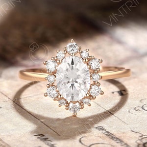 Rose Gold Oval Moissanite Halo Engagement Ring, Vintage Colorless Moissanite Ring, Dainty Cluster Floral Ring, Unique Bridal Gift for Her