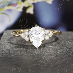 Vintage Moissanite Engagement ring Pear cut Moissanite ring Art Deco Yellow Gold ring Diamond Cluster ring Antique Twisted ring Promise ring