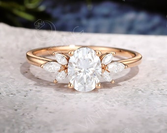 Oval cut Moissanite Engagement ring, Moissanite Flower ring, Solid Rose Gold ring, Marquise Diamond ring, Unique Cluster ring, Handmade ring