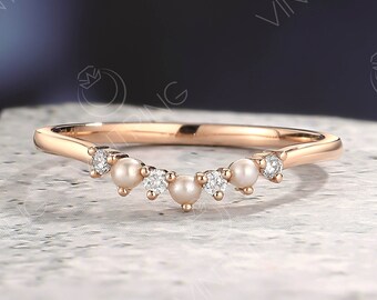 Curved Pearl Wedding Band,Round Moissanite Stacking Ring,14k/18k Rose Gold,Vintage Ring,Matching Ring,Dainty Bridal Ring,Handmade Jewelry
