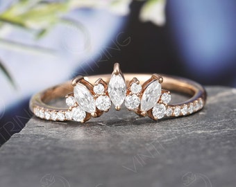 Marquise Crown Wedding Band Vintage Marquise Wedding Ring Curved Diamond Bridal Promise Anniversary Ring Matching Wedding Ring Rose Gold