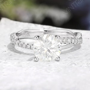Vintage Round Moissanite Engagement Ring: 14K White Gold Twisted Pave Diamond Band