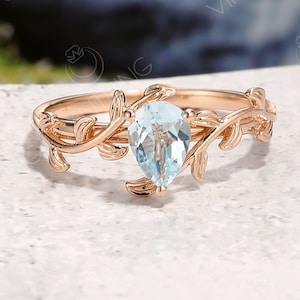 Pear Aquamarine Engagement Ring, Natural Aquamarine Ring, Leaf Ring Rose Gold, Nature Inspired Ring, Branch Ring, Art Deco Promise Ring