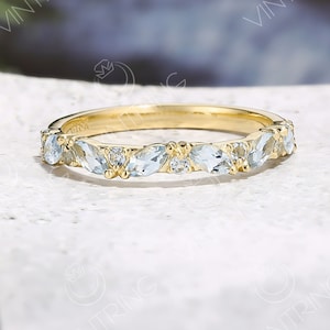Dainty Aquamarine Wedding Band, Marquise Aquamarine Ring, Alternative Wedding Band, Aquamarine Stacking Ring, Delicate Ring White Gold