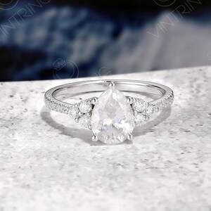 Antique Moissanite Engagement Ring, Pear Moissanite Ring, Half Eternity Band Moissanite, Cluster Ring White Gold, Round Diamond Ring