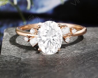 Oval Moissanite Engagement Ring Vintage, Moissanite Leaf Ring Rose Gold, Flower Moissanite Ring, Nature Inspired Ring, Art Deco Promise Ring
