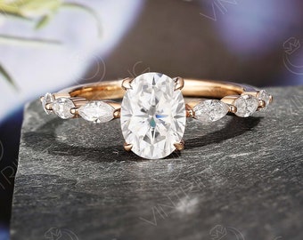 Moissanite Rose Gold Engagement ring Vintage Oval Moissanite ring Marquise Accent stones ring Claw Prong ring Seven Stone ring Handmade ring