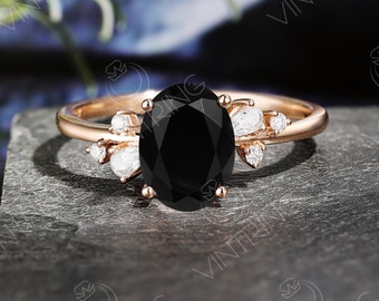 Vintage Black Onyx Engagement ring Oval cut Rose Gold ring Diamond Cluster ring Black Gemstone ring Art Deco Leaf ring Handmade Jewelry