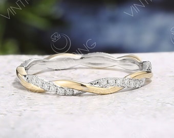 Two Tone Gold Wedding Band, Twisted Moissanite Infinity Ring, Yellow and White Gold Stacking Band