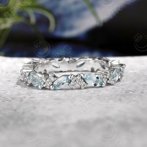 Delicate Aquamarine Wedding Band, Marquise Aquamarine Wedding Band, Natural Aquamarine Ring, Eternity Ring White Gold, Round Moissanite Ring