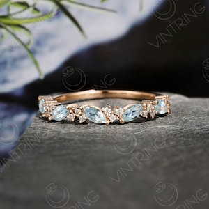 Natural Aquamarine Wedding Band, Marquise Aquamarine Ring,  Half Eternity Ring Rose Gold, Dainty Moissanite Ring, Vintage Stacking Ring