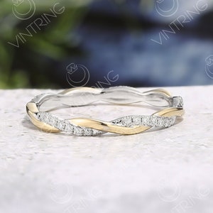 Two Tone Gold Wedding Band,Twist Moissanite Ring,Infinity Ring For Women,Rope Ring Yellow Gold,Pave Diamond Ring,Intertwined Ring White Gold