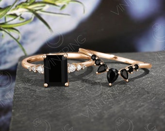 Vintage Black Onyx Engagement ring set Emerald cut Rose Gold ring Seven Stone ring Pear Black Onyx ring Art Deco Crown ring Curved ring