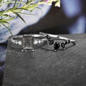 Black Rutilated Quartz Engagement Ring Set, Emerald Cut White Gold Ring, Black Onyx Wedding Band, Black Gemstone Ring, Vintage Handmade Ring