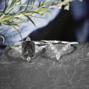 Black Rutilated Quartz Engagement Ring Set Emerald Cut Engagement Ring Cluster Moissanite Ring Promise Ring for Her Anniversary Gift