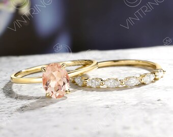 Dainty Morganite Engagement Ring set,Oval Morganite Ring,Yellow Gold Solitaire Ring,Marquise Diamond Ring,Proposal ring,Unique Bridal set