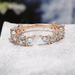 Marquise Aquamarine Wedding Band, Open Wedding Band Rose Gold, Alternative Wedding Ring, Genuine Aquamarine Ring, 3/4 Eternity Band