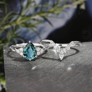 Art deco Teal Sapphire Engagement Ring Set Unique Bridal Ring Blue Green Sapphire Ring Pear Shaped Ring Promise Ring Twist Ring Cluster Ring