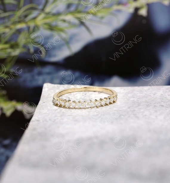 Dainty Moissanite Pave Wedding Band: Minimalist 14k Yellow Gold