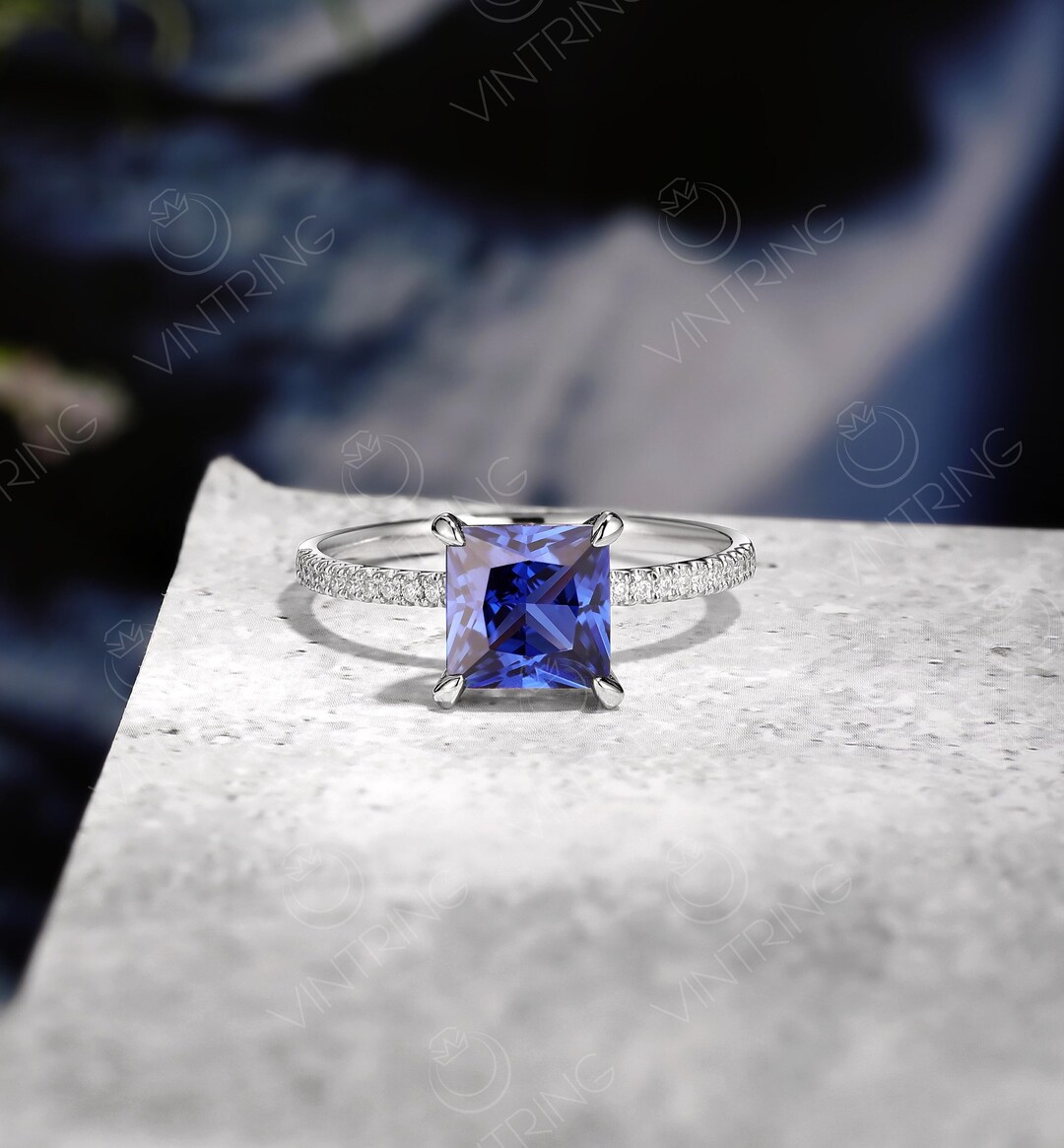 Vintage Sapphire Engagement Ring, Princess Cut Sapphire Ring, Half