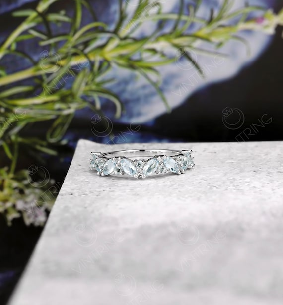 Dainty Marquise Aquamarine Wedding Band,14K White Gold Aquamarine Cluster Ring,Vintage Matching Stacking band,Art Deco Ring,Gift for her
