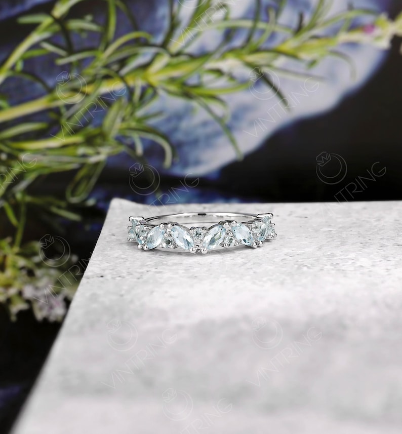 Dainty Marquise Aquamarine Wedding Band,14K White Gold Aquamarine Cluster Ring,Vintage Matching Stacking band,Art Deco Ring,Gift for her