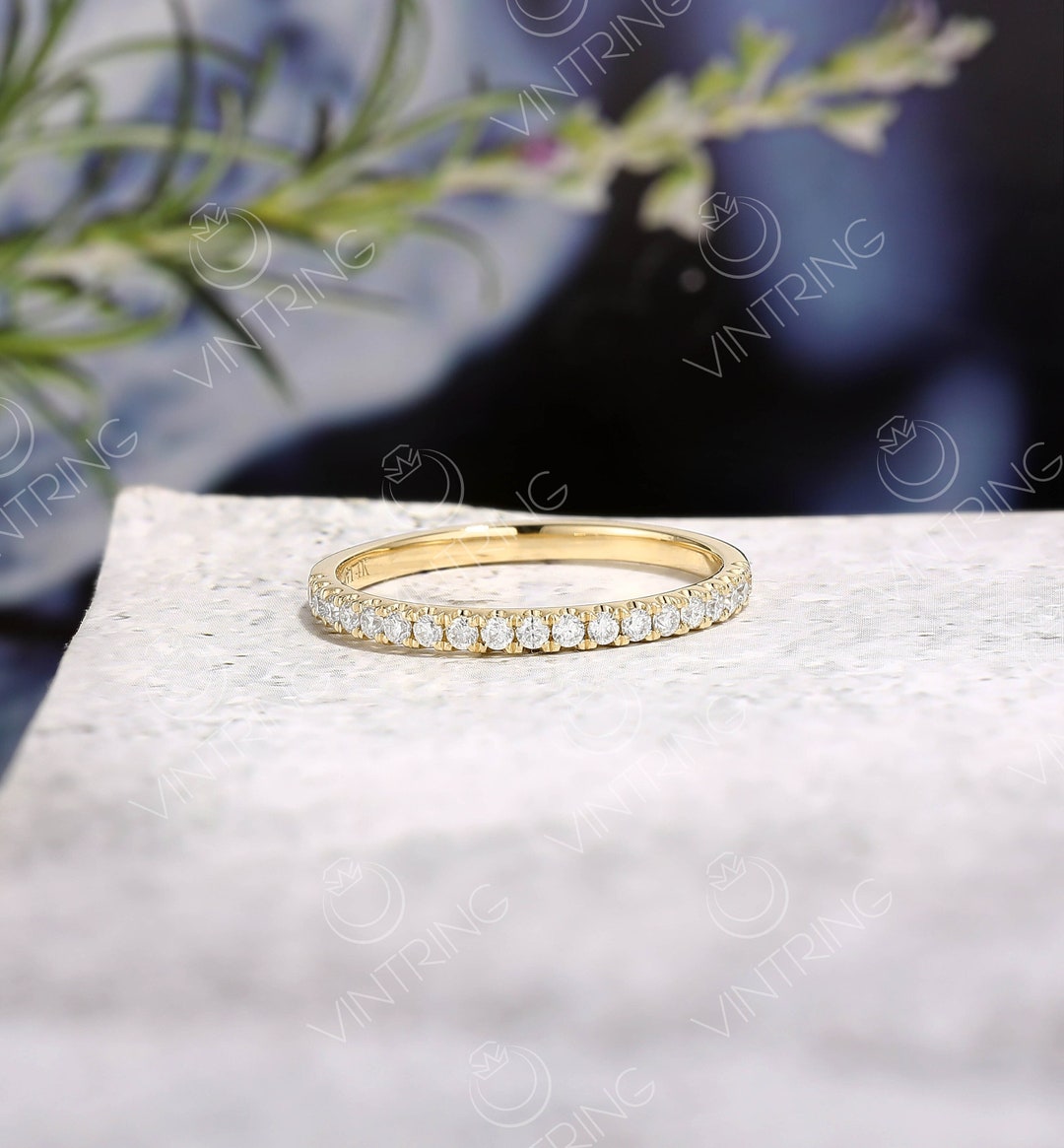 14K Yellow Gold Diamond Half Eternity Wedding Band: Dainty Pave Ring ...