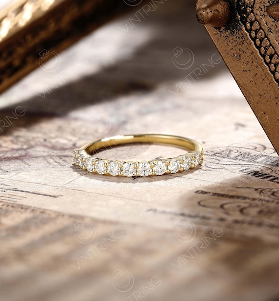 14Kゴールドモアッサナイトパヴェ結婚指輪、2.2mmラウンドカット 