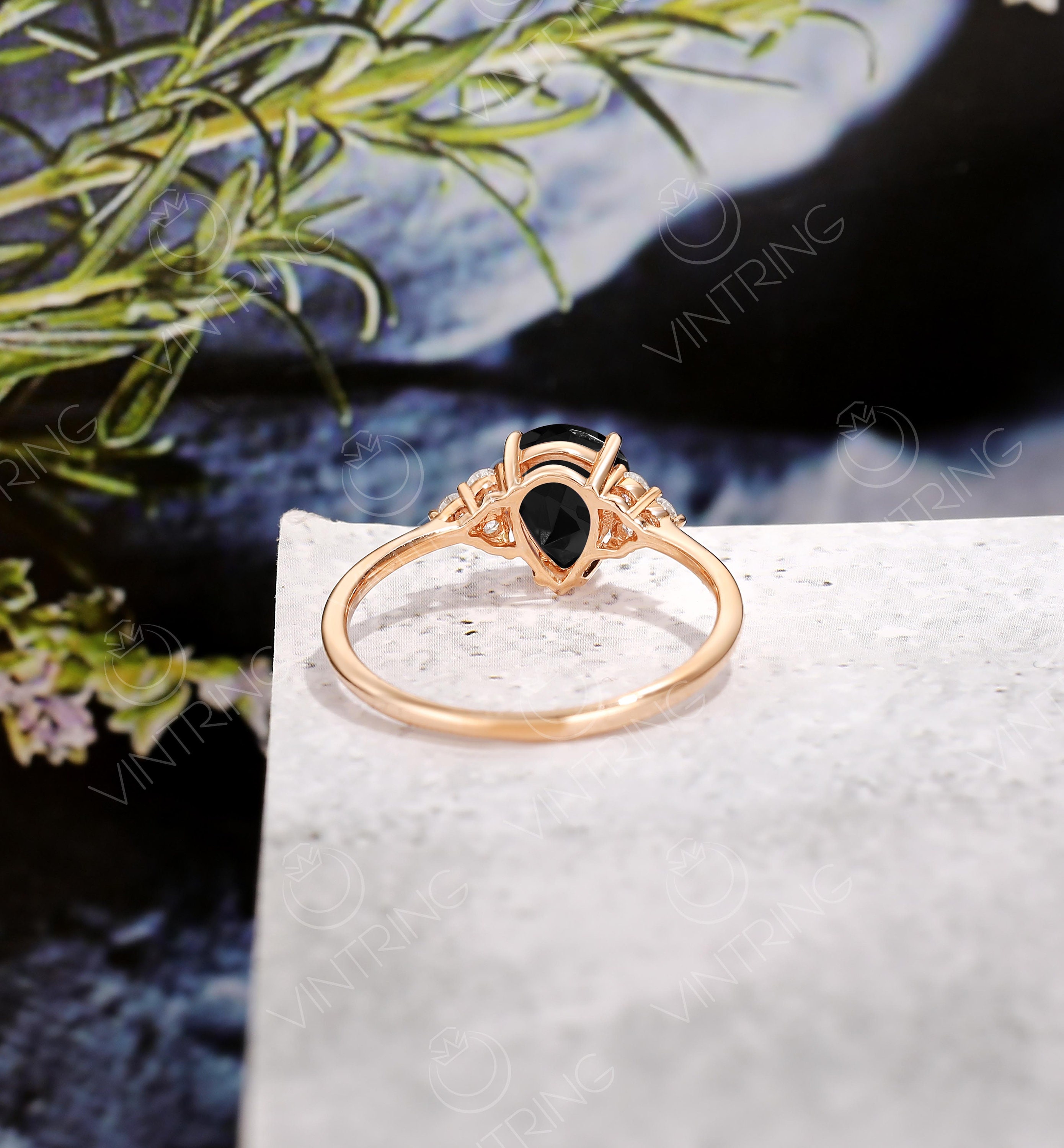 ヴィンテージペアーブラックオニキスエンゲージリング（ダイヤモンド付き）：14Kローズゴールド、珍しい結婚指輪 - Etsy 日本