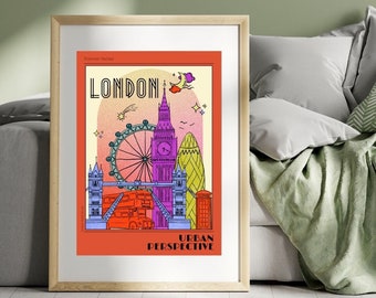 London Art Print, London wall art, London Illustration art print, London skyline poster, London map print, London stamp print wall art